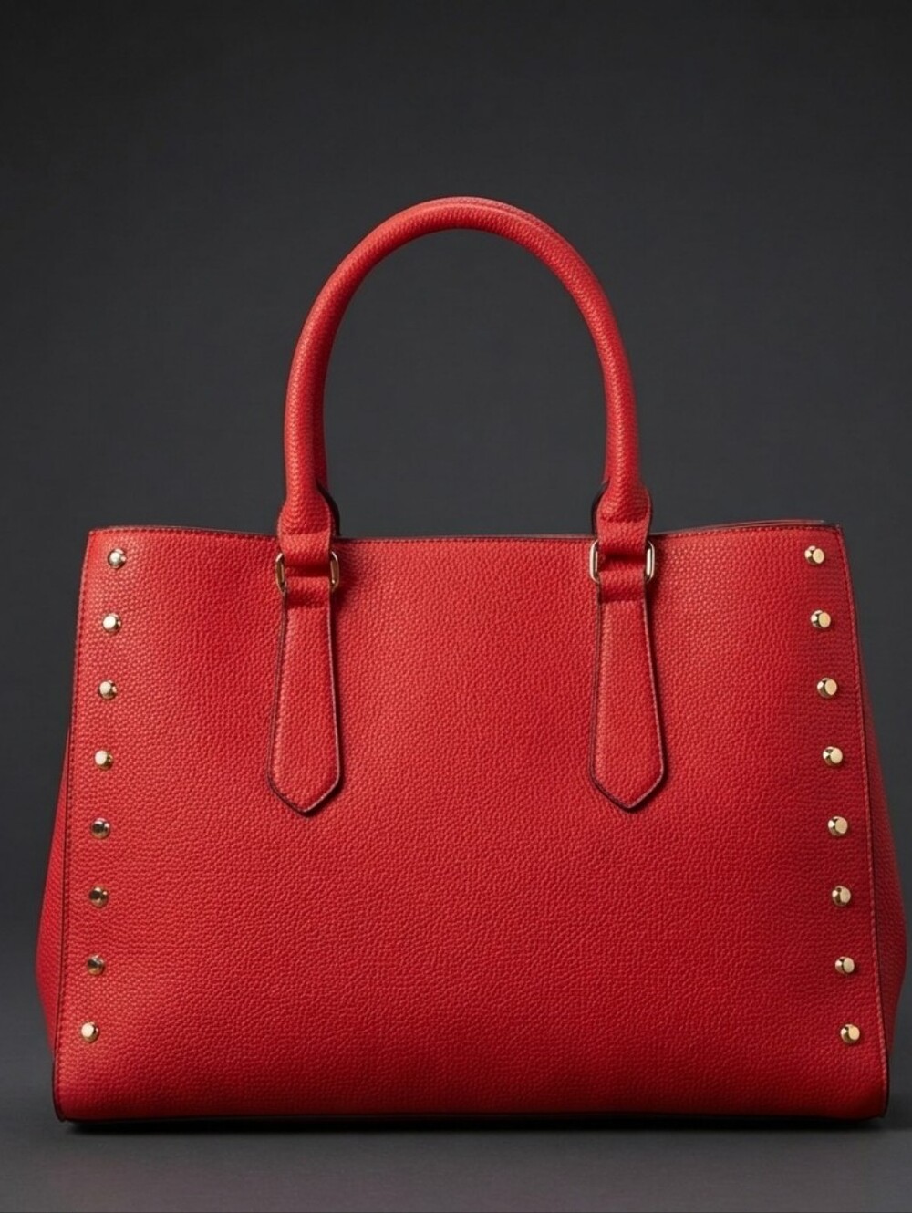 Classic Red Structured Tote Bag with Gold Stud Accents